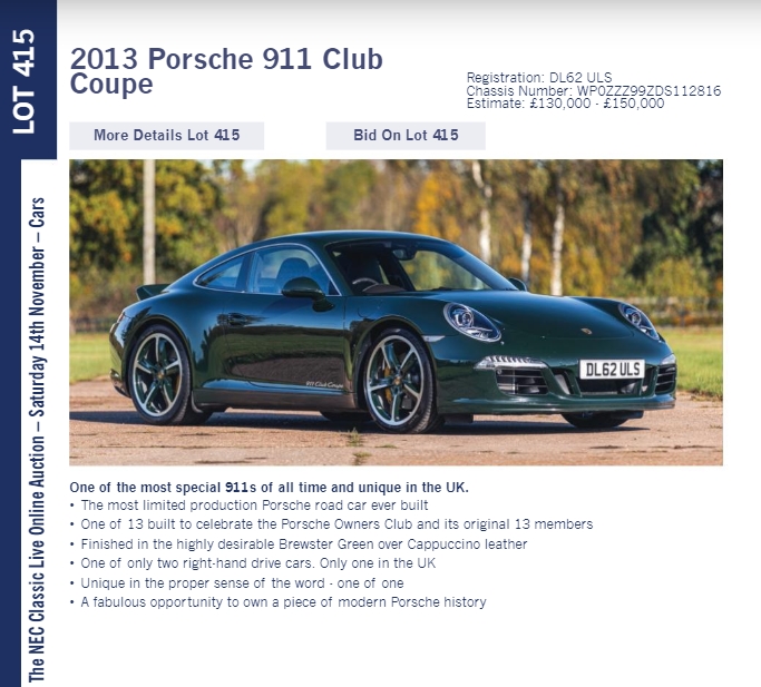 LOT 415 2013 Porsche 911 Club Coupe